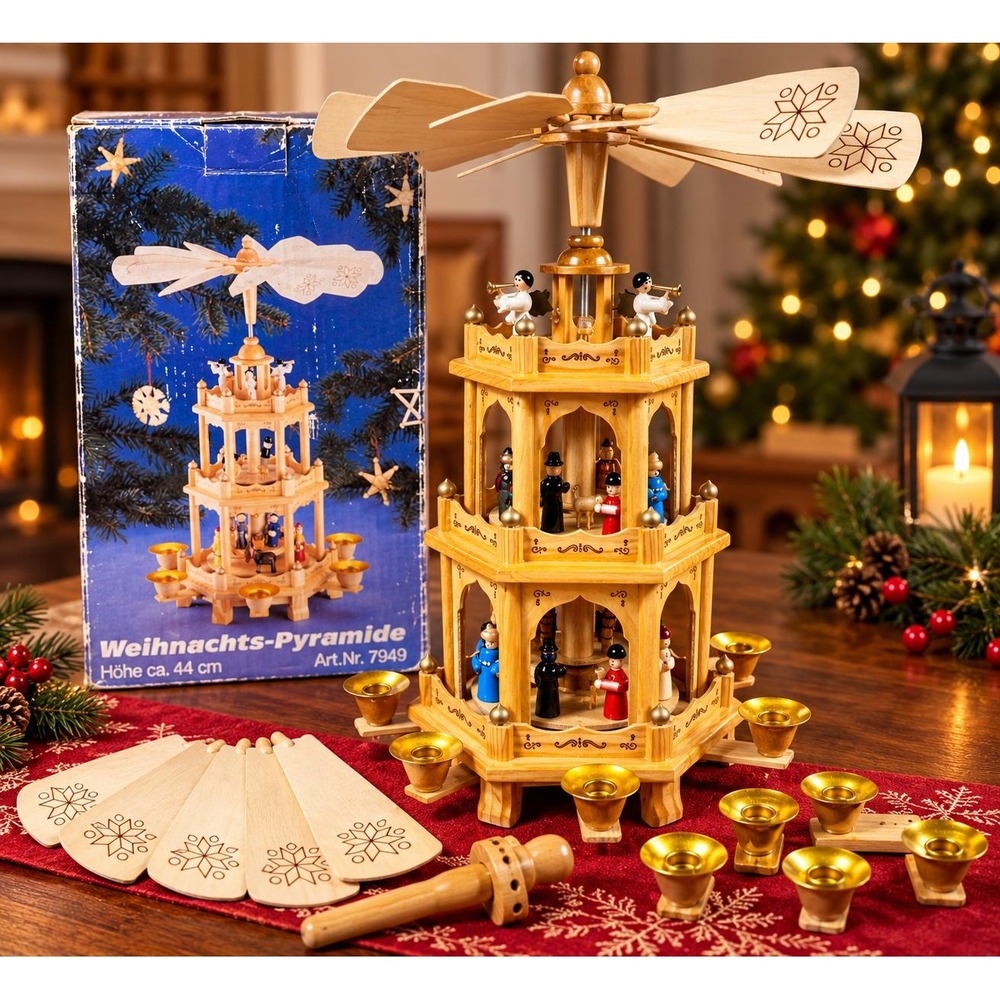 Vintage German Christmas Pyramid 3 Tier Wooden Candle Carousel Nativity 7949 Box